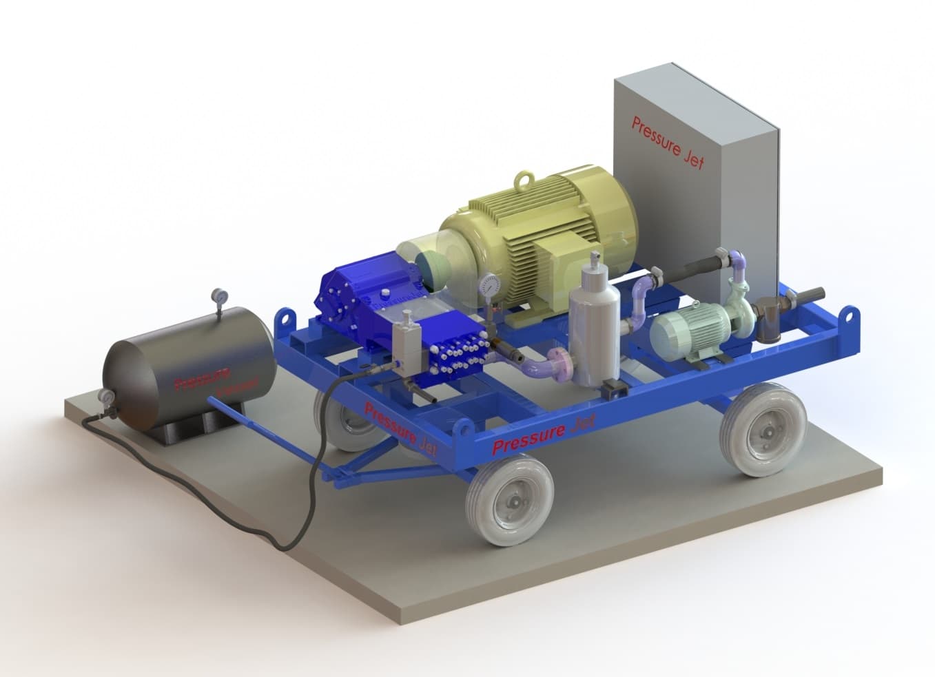 Motorized test pump on a trolley with a pressure vessel